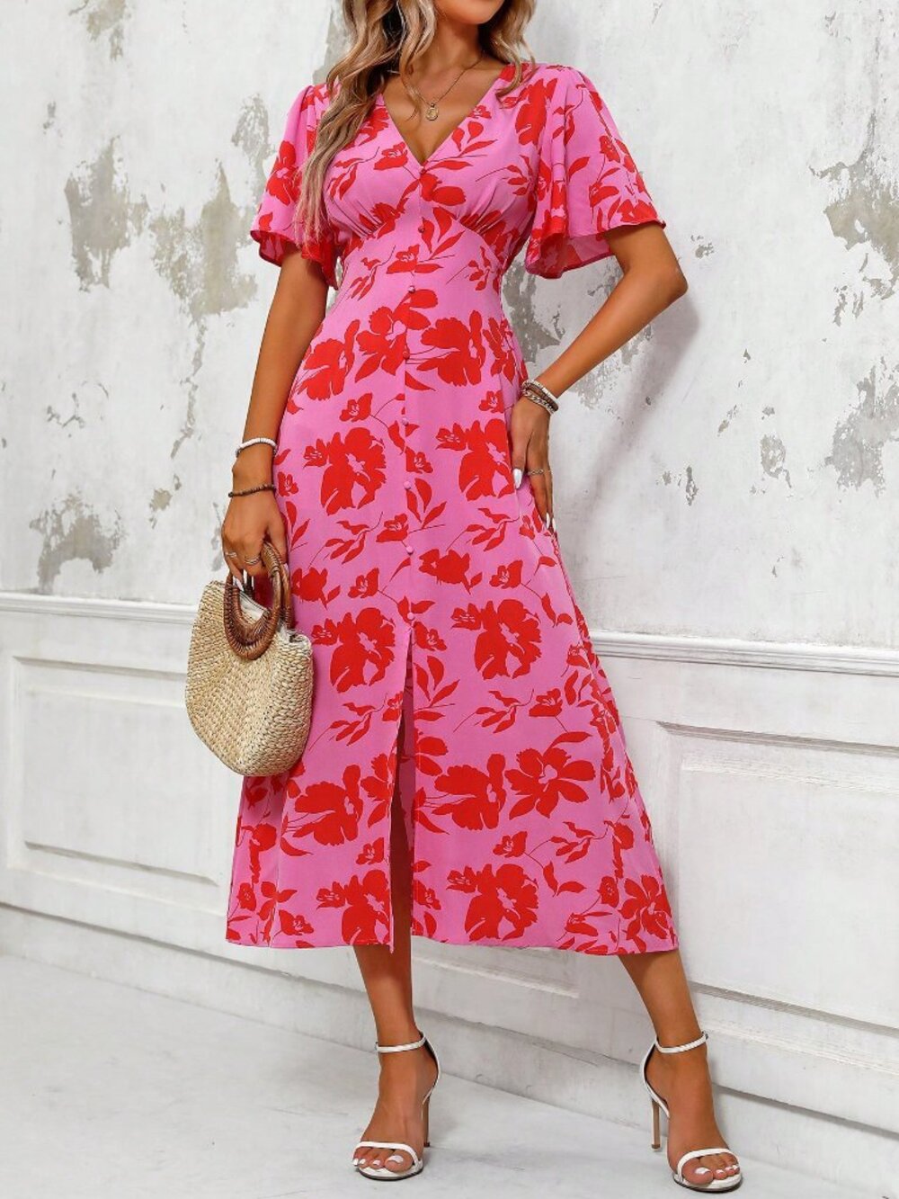 Pink Boho Women's Plant Print V-Neck Short Sleeve Maxi Dress with Side Slit - Picture 4 of 7